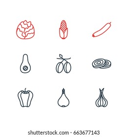 Vector Illustration Of 9 Food Icons. Editable Pack Of Circles, Sweet Pepper, Sativum And Other Elements.