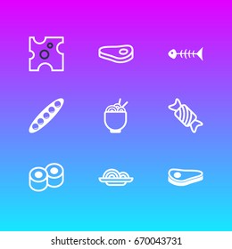 Vector Illustration Of 9 Food Icons. Editable Pack Of Candy, Pasta, Japanese Roll Elements.