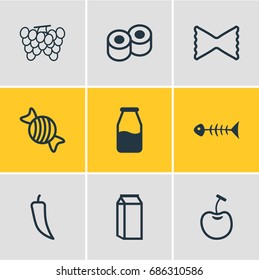 Vector Illustration Of 9 Food Icons. Editable Pack Of Caramel, Cruet, Chili And Other Elements.