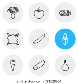 Vector illustration of 9 food icons line style. Editable set of root vegetable, cauliflower, cucumber and other elements.