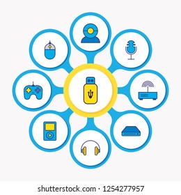Vector illustration of 9 gadget icons colored line. Editable set of mouse, hard drive, web cam and other icon elements.