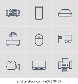 Vector Illustration Of 9 Gadget Icons. Editable Pack Of Cursor Controller, Photocopier, Smartphone And Other Elements.