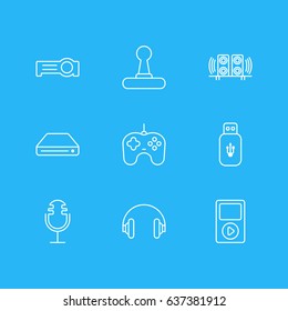 Vector Illustration Of 9 Gadget Icons. Editable Pack Of Joypad, Floodlight, Usb Card And Other Elements.