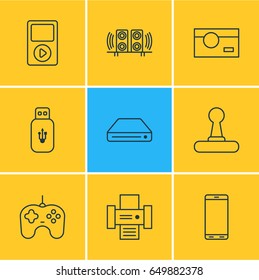 Vector Illustration Of 9 Gadget Icons. Editable Pack Of Memory Storage, Joypad, Loudspeaker And Other Elements.