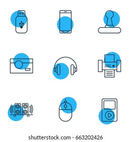 Vector Illustration Of 9 Gadget Icons. Editable Pack Of Cursor Controller, Usb Card, Photography And Other Elements.