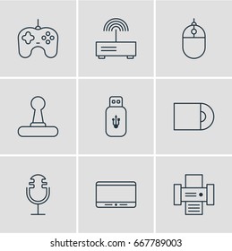 Vector Illustration Of 9 Gadget Icons. Editable Pack Of Monitor, Joypad, Dvd Drive And Other Elements.
