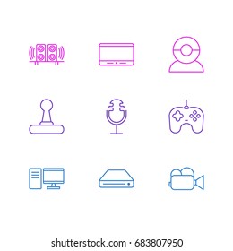 Vector Illustration Of 9 Gadget Icons. Editable Pack Of Game Controller, Video Chat, Sound Recording And Other Elements.