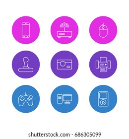 Vector Illustration Of 9 Gadget Icons. Editable Pack Of Joypad, Modem, Game Controller And Other Elements.