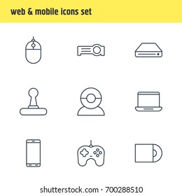 Vector Illustration Of 9 Gadget Icons. Editable Pack Of Computer, Memory Storage, Game Controller And Other Elements.