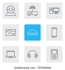 Vector Illustration Of 9 Gadget Icons. Editable Pack Of PC, Video Chat, Memory Storage And Other Elements.