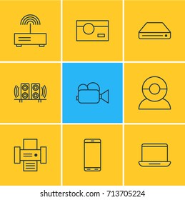 Vector Illustration Of 9 Gadget Icons. Editable Pack Of Camcorder, Smartphone, Photocopier And Other Elements.