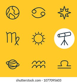 Vector illustration of 9 galaxy icons line style. Editable set of aquarius, telescope, virgo and other icon elements.