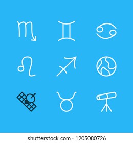 Vector illustration of 9 galaxy icons line style. Editable set of cancer, gemini, sagittarius and other icon elements.