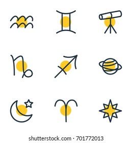 Vector Illustration Of 9 Galaxy Icons. Editable Pack Of Twins, Archer, Saturn And Other Elements.