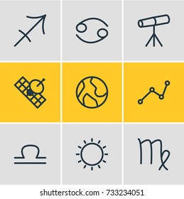 Vector Illustration Of 9 Galaxy Icons. Editable Pack Of Virgin, Planet, Scales And Other Elements.