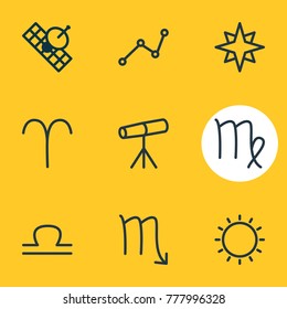 Vector illustration of 9 galaxy icons line style. Editable set of zodiac sign, satellite, scales and other elements.