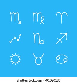Vector illustration of 9 galaxy icons line style. Editable set of archer, zodiac sign, geometric and other elements.