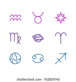 Vector Illustration Of 9 Galaxy Outline Icons. Editable Set Of Planet, Favorite, Archer And Other Elements.