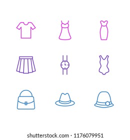 Vector illustration of 9 garment icons line style. Editable set of panama hat, swimsuit, watch and other icon elements.