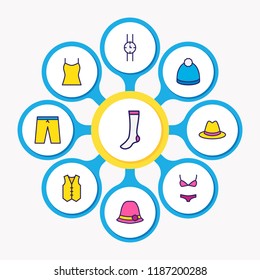 Vector illustration of 9 garment icons colored line. Editable set of women hat, vest, socks and other icon elements.