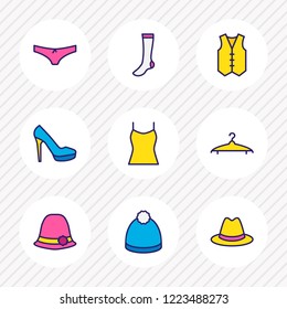 Vector illustration of 9 garment icons colored line. Editable set of vest, underwear, women hat and other icon elements.