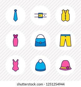 Vector illustration of 9 garment icons colored line. Editable set of bag, belt, women hat and other icon elements.