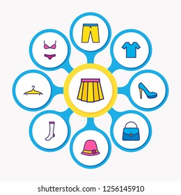 Vector illustration of 9 garment icons colored line. Editable set of women hat, shorts, socks and other icon elements.