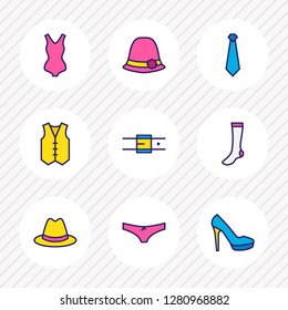 Vector illustration of 9 garment icons colored line. Editable set of belt, swimsuit, socks and other icon elements.