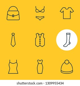 Vector illustration of 9 garment icons line style. Editable set of bikini, bag, evening dress and other icon elements.