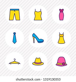 Vector illustration of 9 garment icons colored line. Editable set of hat, tank, women shoe and other icon elements.