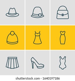 Vector illustration of 9 garment icons line style. Editable set of bag, skirt, panama and other icon elements.