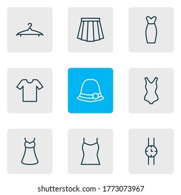 Vector illustration of 9 garment icons line style. Editable set of sarafan, watch, swimsuit and other icon elements.