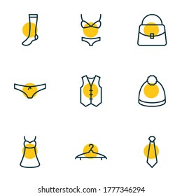 Vector illustration of 9 garment icons line style. Editable set of tie, vest, beanie and other icon elements.