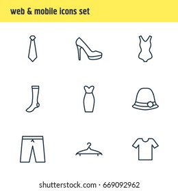 Vector Illustration Of 9 Garment Icons. Editable Pack Of Sarafan, Swimming Trunks, Swimwear And Other Elements.