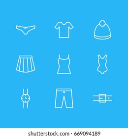 Vector Illustration Of 9 Garment Icons. Editable Pack Of Strap, Pompom, Apparel And Other Elements.