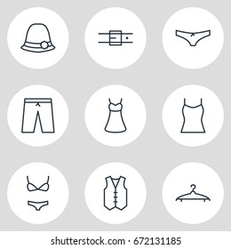 Vector Illustration Of 9 Garment Icons. Editable Pack Of Evening Dress, Singlet, Waistcoat And Other Elements.