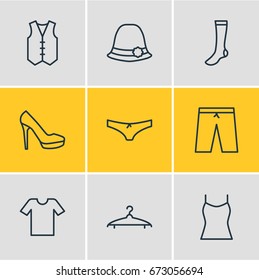 Vector Illustration Of 9 Garment Icons. Editable Pack Of Waistcoat, Hosiery, Casual And Other Elements.
