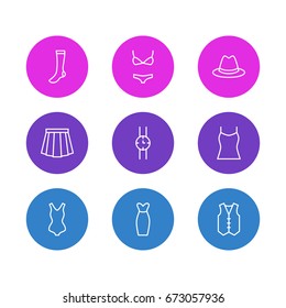Vector Illustration Of 9 Garment Icons. Editable Pack Of Fedora, Swimsuit, Swimwear And Other Elements.