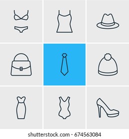 Vector Illustration Of 9 Garment Icons. Editable Pack Of Cravat, Sandal, Swimwear Elements.