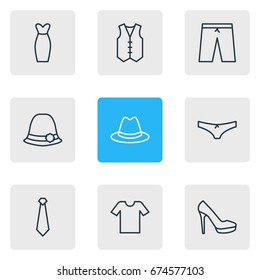 Vector Illustration Of 9 Garment Icons. Editable Pack Of Casual, Panties, Swimming Trunks And Other Elements.