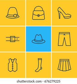 Vector Illustration Of 9 Garment Icons. Editable Pack Of Apparel, Waistcoat, Strap And Other Elements.