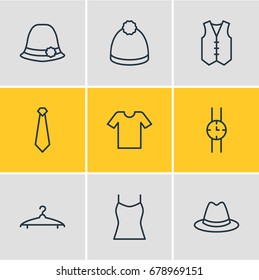 Vector Illustration Of 9 Garment Icons. Editable Pack Of Waistcoat, Panama, Singlet And Other Elements.