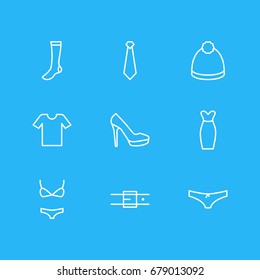 Vector Illustration Of 9 Garment Icons. Editable Pack Of Cravat, Panties, Casual And Other Elements.