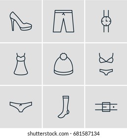 Vector Illustration Of 9 Garment Icons. Editable Pack Of Hosiery, Strap, Panties And Other Elements.