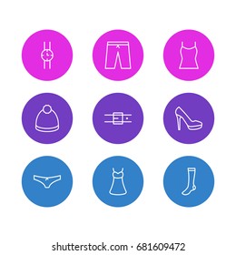 Vector Illustration Of 9 Garment Icons. Editable Pack Of Pompom, Swimming Trunks, Hosiery And Other Elements.