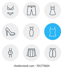 Vector Illustration Of 9 Garment Icons. Editable Pack Of Waistcoat, Evening Dress, Swimsuit And Other Elements.