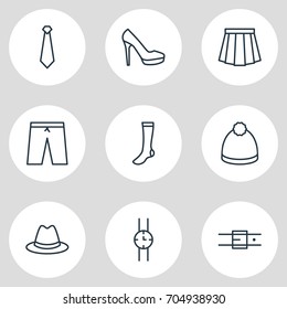 Vector Illustration Of 9 Garment Icons. Editable Pack Of Fedora, Pompom, Hand Clock Elements.