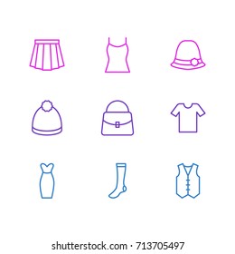 Vector Illustration Of 9 Garment Icons. Editable Pack Of Apparel, Pompom, Panama And Other Elements.