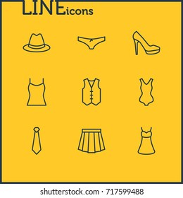 Vector Illustration Of 9 Garment Icons. Editable Pack Of Singlet, Panties, Waistcoat And Other Elements.
