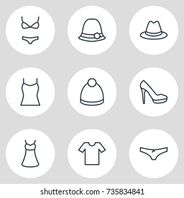Vector Illustration Of 9 Garment Icons. Editable Pack Of Casual, Panama, Panties And Other Elements.